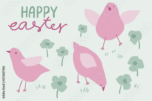 Fototapeta Happy Easter card with chicks and flowers in green and pink palette