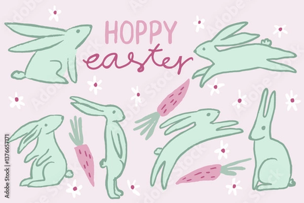 Fototapeta Happy hoppy Easter card with bunnies and carrots in green and pink palette