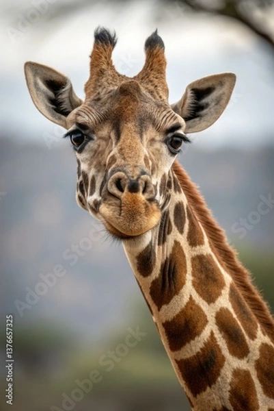 Fototapeta Giraffe Looking Curiously in the Savannah at Sunset Generative AI