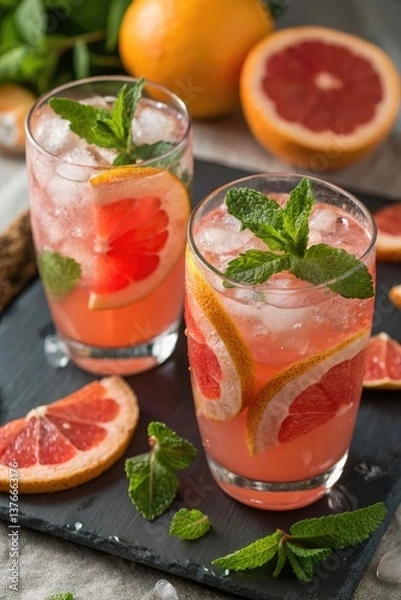 Fototapeta Refreshing Citrus Cocktails Served in Glasses With Mint Garnish Generative AI