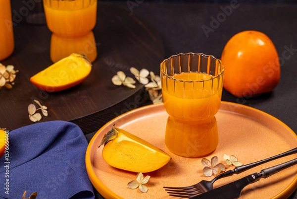 Fototapeta Persimmon juice with fresh persimmon slices on elegant table setting