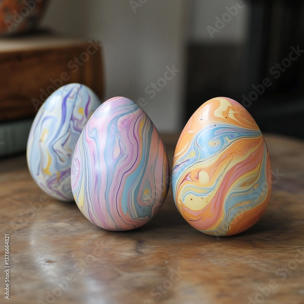 Fototapeta close up three easter eggs on a taple with blured background ready to hide them outside. colorful easter eggs.