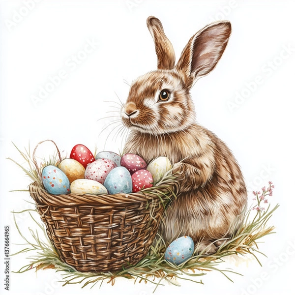Fototapeta easter bunny with a lot of easter eggs in a basket. the bunny sit in the grass