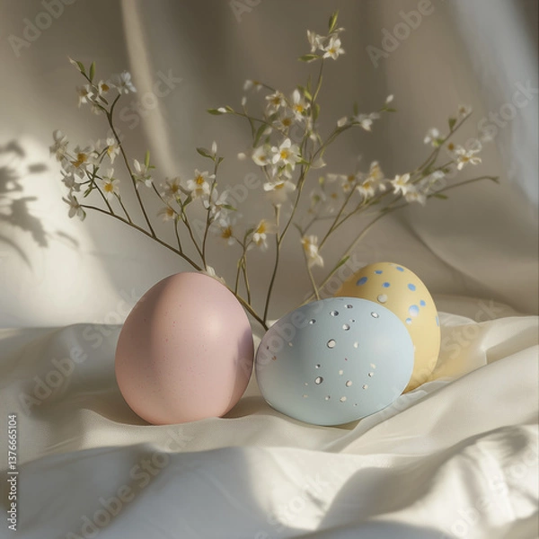 Fototapeta three colorful easter eggs with a branch in the background. The branch have withe flowers on it. the background is withe 
