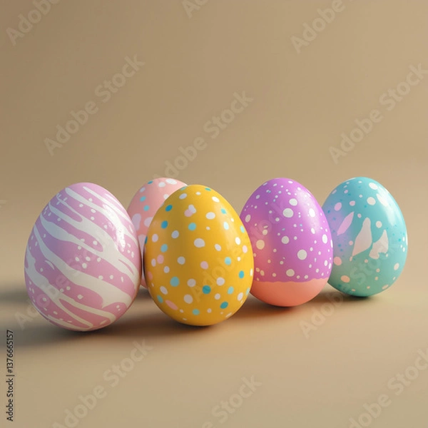 Fototapeta five diffrend easter eggs for easter and a blured beige background all egg in a diffrend color. for the easter celebration