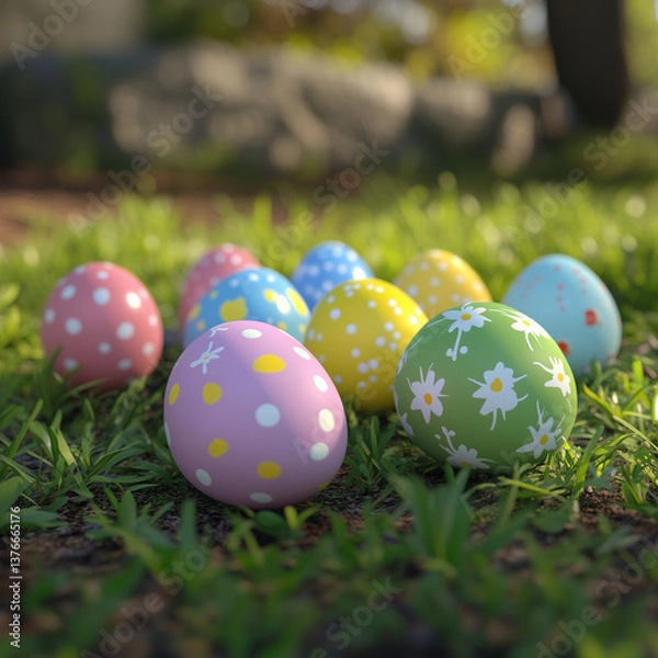Fototapeta Easter eggs with colorful pattern on it. lie in the grass. blured forest background. some of them have a flower pattern on it.