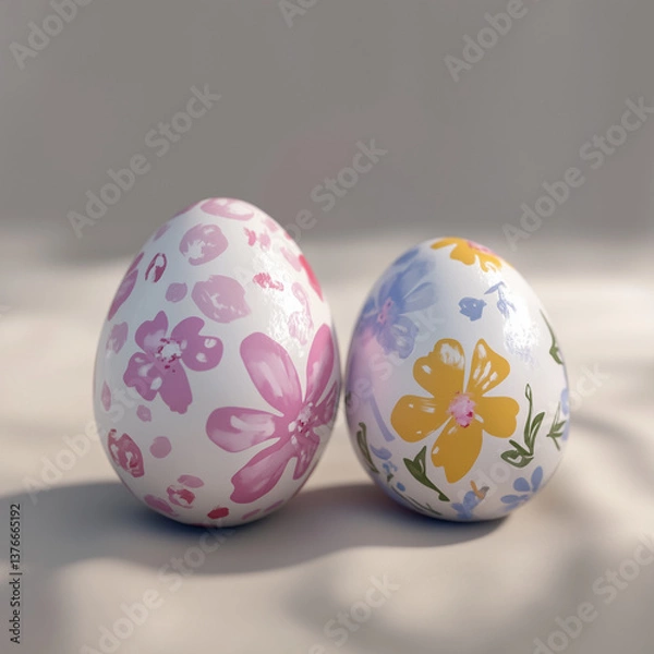 Fototapeta easter eggs with flower pink and yellow. withe background. Colorful easter eggs withe a flower pattern on it 