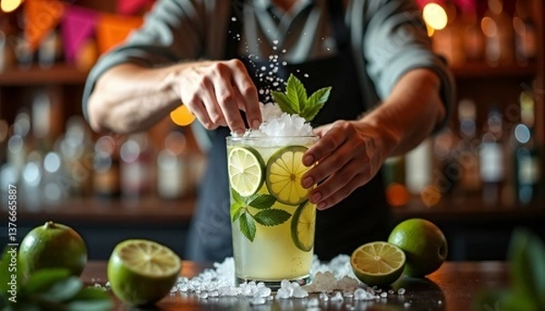 Obraz Bartender preparing refreshing cocktail with lime and mint  