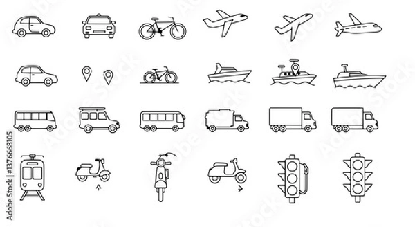 Fototapeta Urban Mobility: A collection of minimalist line art icons depicts various modes of transport, each one meticulously crafted, portraying urban life with simplicity and precision.