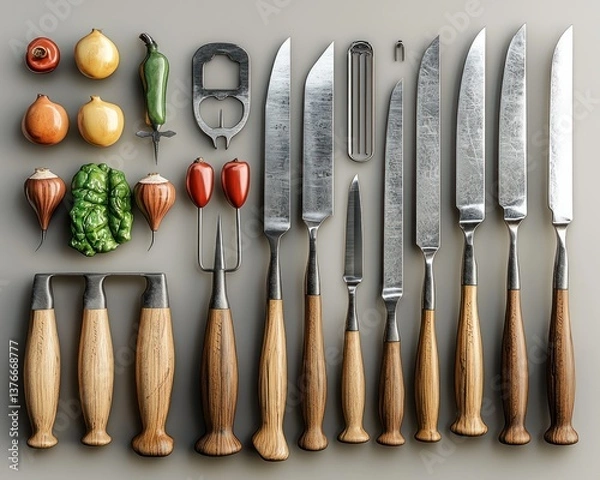 Obraz Flatlay of assorted kitchen knives and miniature vegetables.  Wooden handles and metallic blades