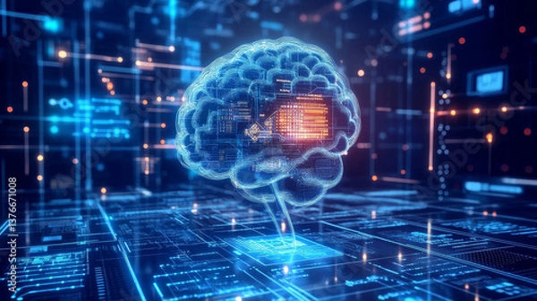 Obraz High-speed data transfer. Big data visualization, internet technology 3D illustration. Neural network control, futuristic digital background. Cyber Springboard of Digital Opportunities
