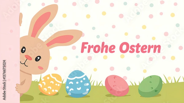 Obraz Ein süßer Osterhase im Cartoon-Stil, der aus der Ecke lugt, mit einem Hintergrund aus Tupfen und verstreuten bemalten Eiern. In der Mitte der Text: Frohe Ostern. KI Generated 