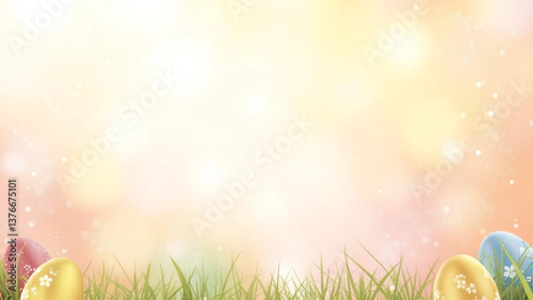 Obraz Ein sanfter, pastellfarbener Aquarellhintergrund mit zarten Ostereimustern und subtilem goldenem Glitzer, der ein warmes und elegantes Gefühl erzeugt. KI Generated 