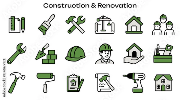 Fototapeta Simple Icon Set Related to Construction & Renovation. Contains Icons: Paint Brush, Drill, Hammer, Toolbox