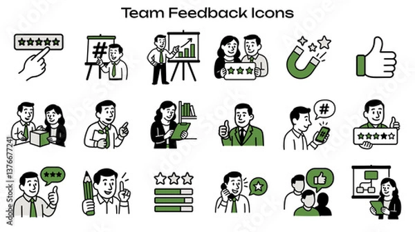 Fototapeta Simple Icon Set Related to Teamwork and Feedback. Contains icons: thumbs up, presentation, magnet, pencil