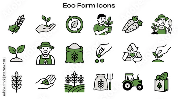 Fototapeta Simple Icon Set Related to Sustainable Farming and Ecology. Contains Icons: Farmer, Tractor, Seedling, Recycle