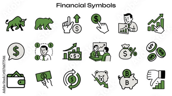 Fototapeta Simple Icon Set Related to Finance and Economy. Contains Icons: Dollar Sign, Bull Market, Stock Chart, Bear Market
