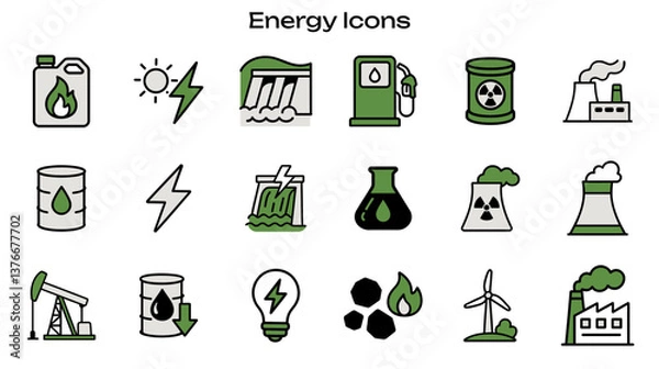 Fototapeta Simple Icon Set Related to Renewable and Non-Renewable Energy Sources. Contains Icons: Hydropower, Oil, Wind Turbine, Solar Panel