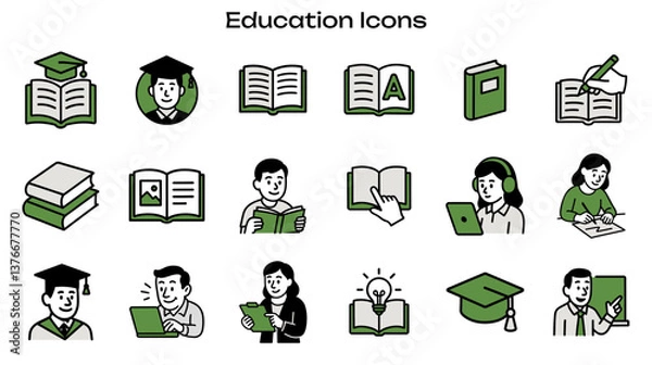 Fototapeta Simple Icon Set Related to Education and Learning. Contains icons: Chalkboard, Graduation Cap, Open Book, Light Bulb