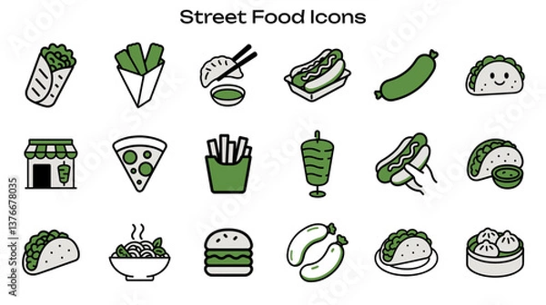 Fototapeta Simple Icon set related to Street Food Bites. Contains icons: Taco, Burger, Hotdog, Pizza.
