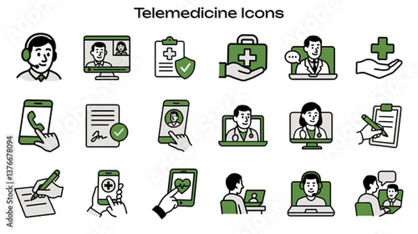 Fototapeta Simple Icon Set Related to Telemedicine. Contains Icons: Doctor Consultation, Medical Checklist, Health Monitoring, Online Appointment