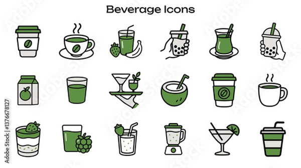Fototapeta Simple Icon Set Related to Refreshing Beverages and Drinks. Contains Icons: Martini Glass, Juice with Straw, Coffee Cup, Bubble Tea
