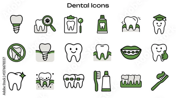 Fototapeta Simple Icon set related to Dental Health. Contains icons: Tooth Implant, Tooth Examination, Dental Report, Toothpaste