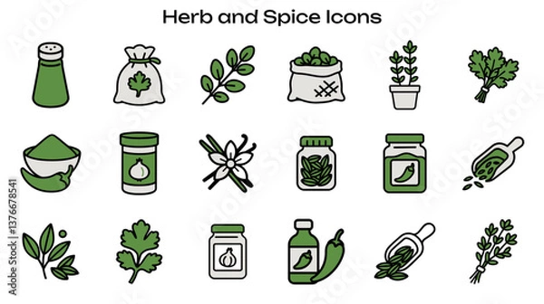 Fototapeta Simple Icon Set Related to Herbs and Spices: Contains Icons Like: Salt Shaker, Herb Bag, Potted Plant, Spice Jar