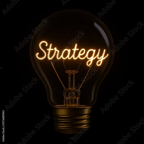 Fototapeta  'Strategy' written with filaments inside a glowing light bulb on a black background