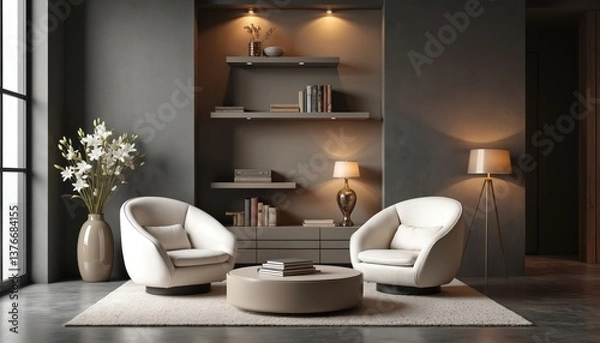 Fototapeta Modern living room interior design with grey taupe color scheme. Two white armchairs near round table, bookcase with books, floor lamp. Luxurious lounge, office design.