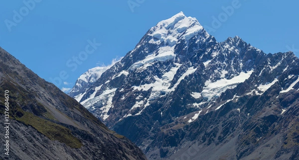 Fototapeta Peak of snow capped Mt Cook panoramic view, New Zealand