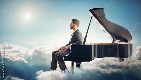 Obraz Pianist seat on the cloud near piano, his form silhouette against blue sky and white clouds that surrounds him. Symphony of light and harmony. Concept of classical and modern music, entertainment