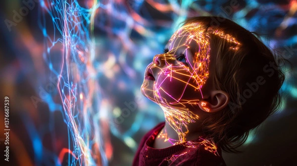 Fototapeta Neural network and innovation in the field of high technology. 3D illustration of polygonal fields and electrical impulses of neon edges