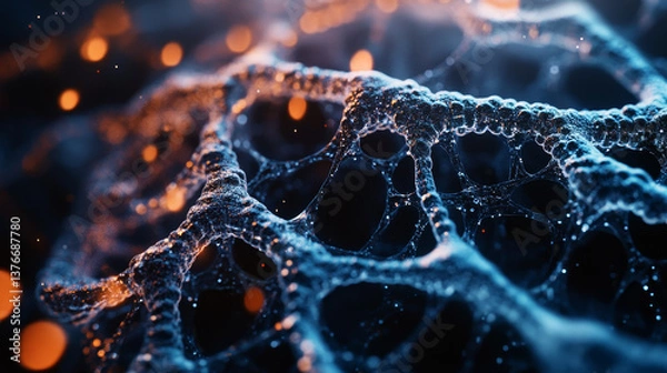 Fototapeta Cyber big data flow. Blockchain data fields. Network line connect stream. Concept of AI technology, digital communication, science research, 3D illustration neural cells