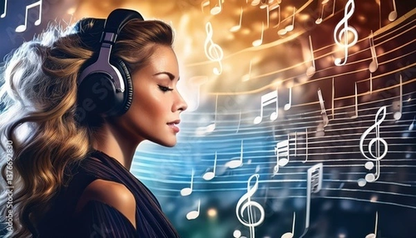 Obraz cute pretty girl listening to music peacefully and waves of music fill space, she against flying notes that surrounds it. Symphony of light and sound. Concept of classical and modern music