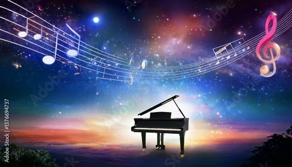 Obraz Piano is ready to play and waves of color fill space, its form against radiant glow that surrounds it. Symphony of light and sound. Concept of classical and modern music, entertainment, jazz. Ad. High