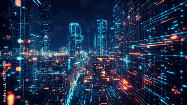 Fototapeta Digital city in space. Computer of future, circuit board and hardware 3d illustration. Wireless internet technologies. Database protection and secure transmission of information on blockchain network