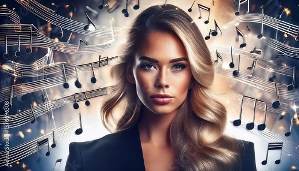 Obraz cute pretty girl listening to music peacefully and waves of music fill space, she against flying notes that surrounds it. Symphony of light and sound. Concept of classical and modern music