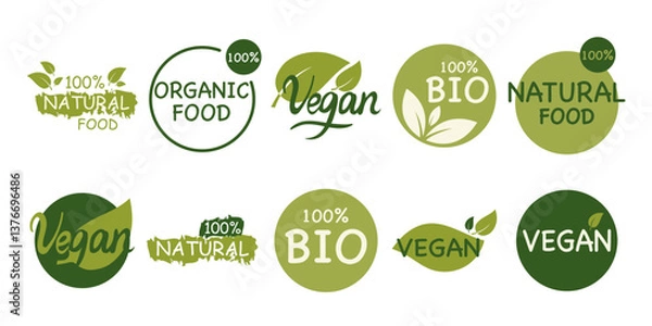 Fototapeta Bio and Vegan food - vector green stickers for products packaging isolated on white.