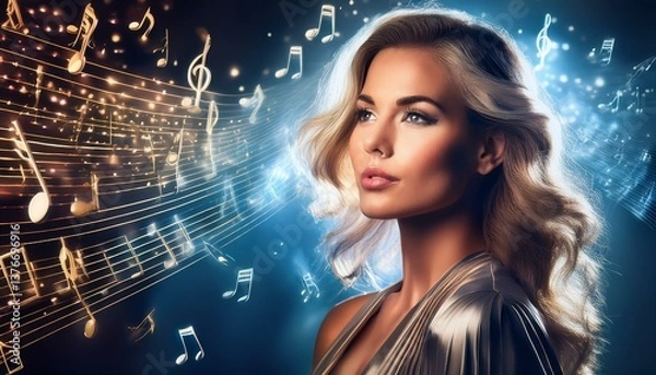 Obraz cute pretty girl listening to music peacefully and waves of music fill space, she against flying notes that surrounds it. Symphony of light and sound. Concept of classical and modern music