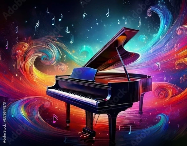 Obraz Piano is ready to play and waves of color fill space, its form against radiant glow that surrounds it. Symphony of light and sound. Concept of classical and modern music, entertainment, jazz. Ad. High
