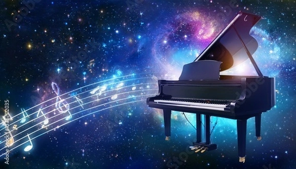 Obraz Piano is ready to play and waves of color fill space, its form against radiant glow that surrounds it. Symphony of light and sound. Concept of classical and modern music, entertainment, jazz. Ad. High
