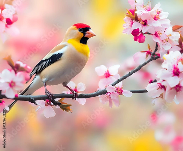 Fototapeta Bird perching on a branch with pink flowers of blossom almond tree on colorful background. The European Goldfinch. Spring background