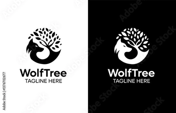 Fototapeta Wolf Tree Negative Space Logo Template