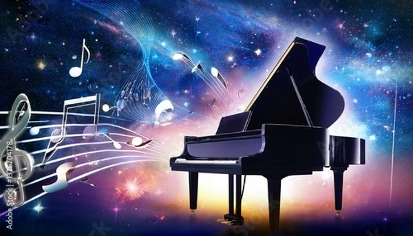 Obraz Piano is ready to play and waves of color fill space, its form against radiant glow that surrounds it. Symphony of light and sound. Concept of classical and modern music, entertainment, jazz. Ad. High