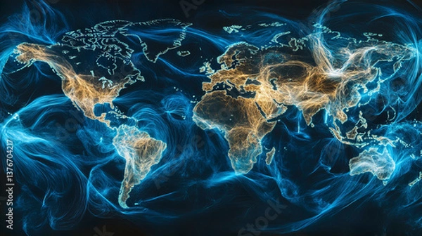 Fototapeta World map and global communication network. Raster illustration