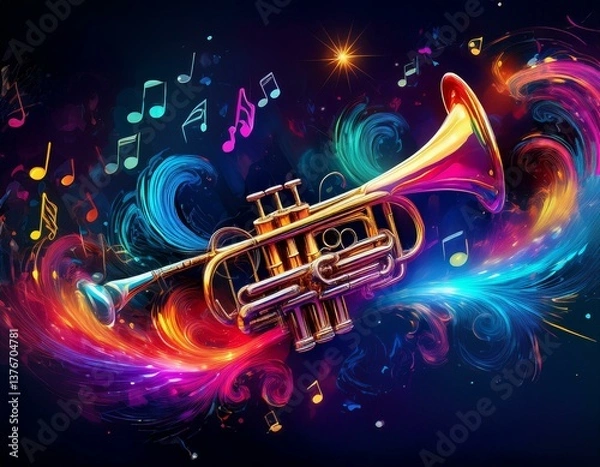 Obraz Trumpet is ready to play and waves of color fill space, its form against radiant glow that surrounds it. Symphony of light and sound. Concept of classical and modern music, entertainment, jazz. Ad