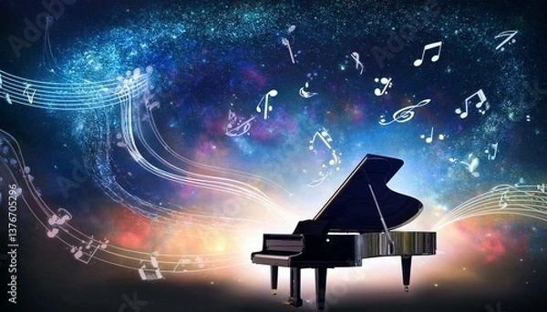 Obraz Piano is ready to play and waves of color fill space, its form against radiant glow that surrounds it. Symphony of light and sound. Concept of classical and modern music, entertainment, jazz. Ad. High