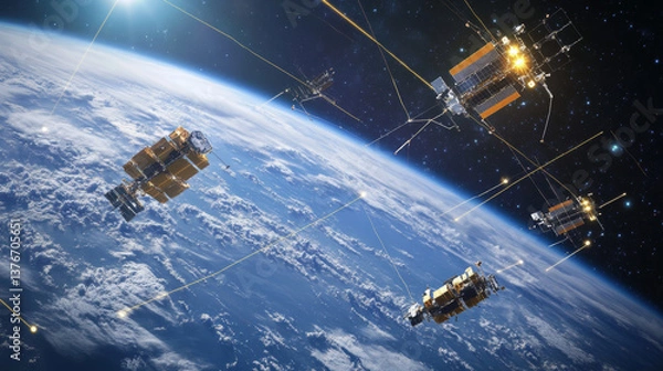 Fototapeta Modern design of network connections, the planet and satellites in orbit. Raster illustration