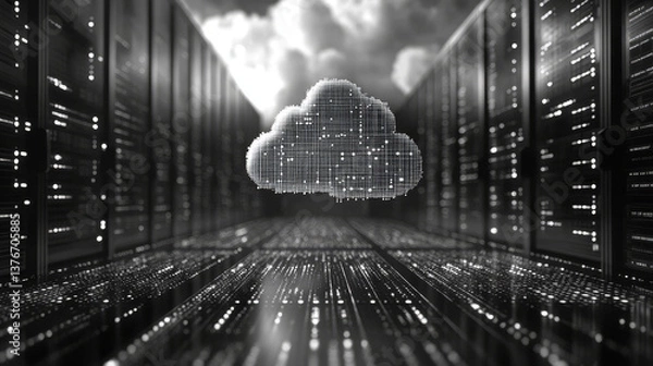Fototapeta Big data, cryptography programming 3D illustration. Neural network, cloud technologies. Global database, artificial intelligence. Bright, black and white background with bokeh effect